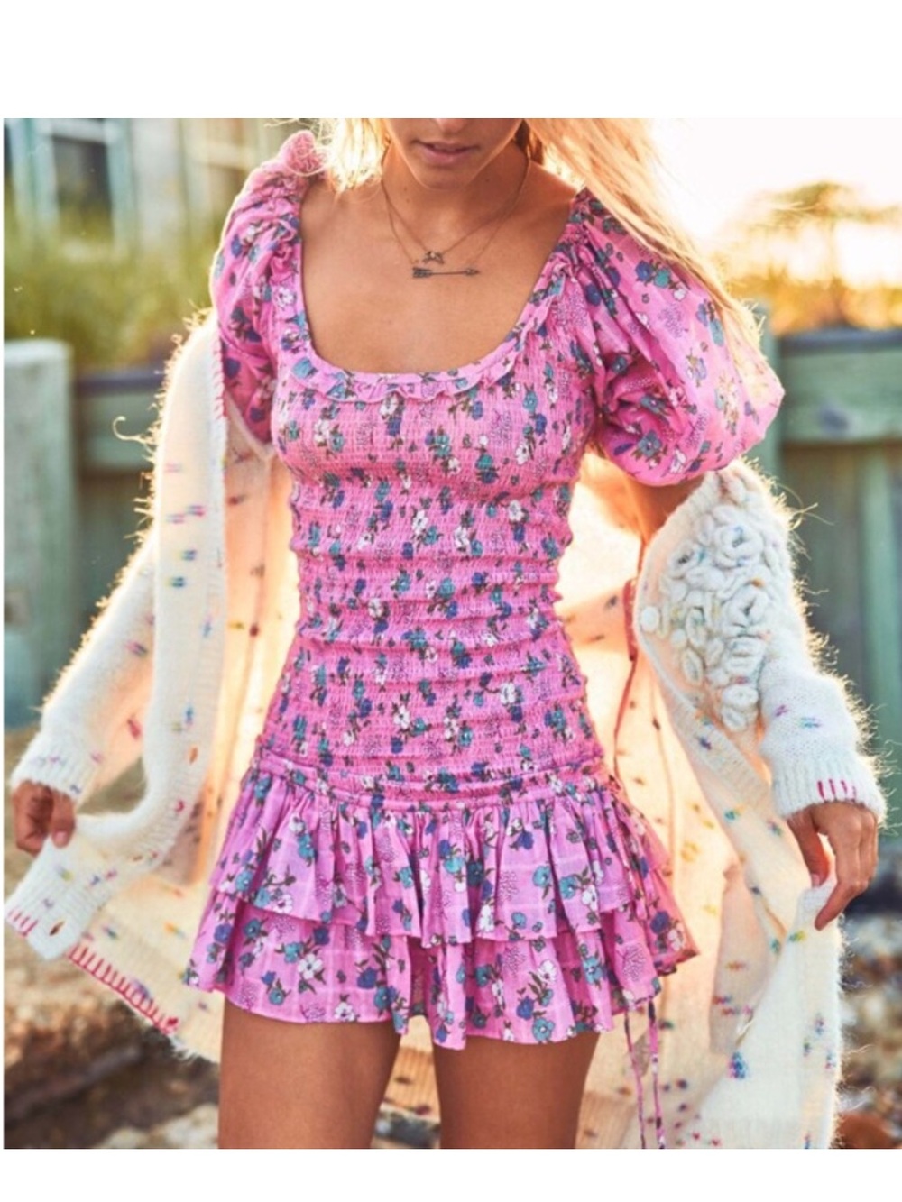 LoveShackFancy Pink Floral Smocked Puff-Sleeve Mini Dress
